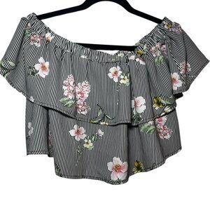 Audrey 3+1 Black and White Floral Off-Shoulder crop Blouse